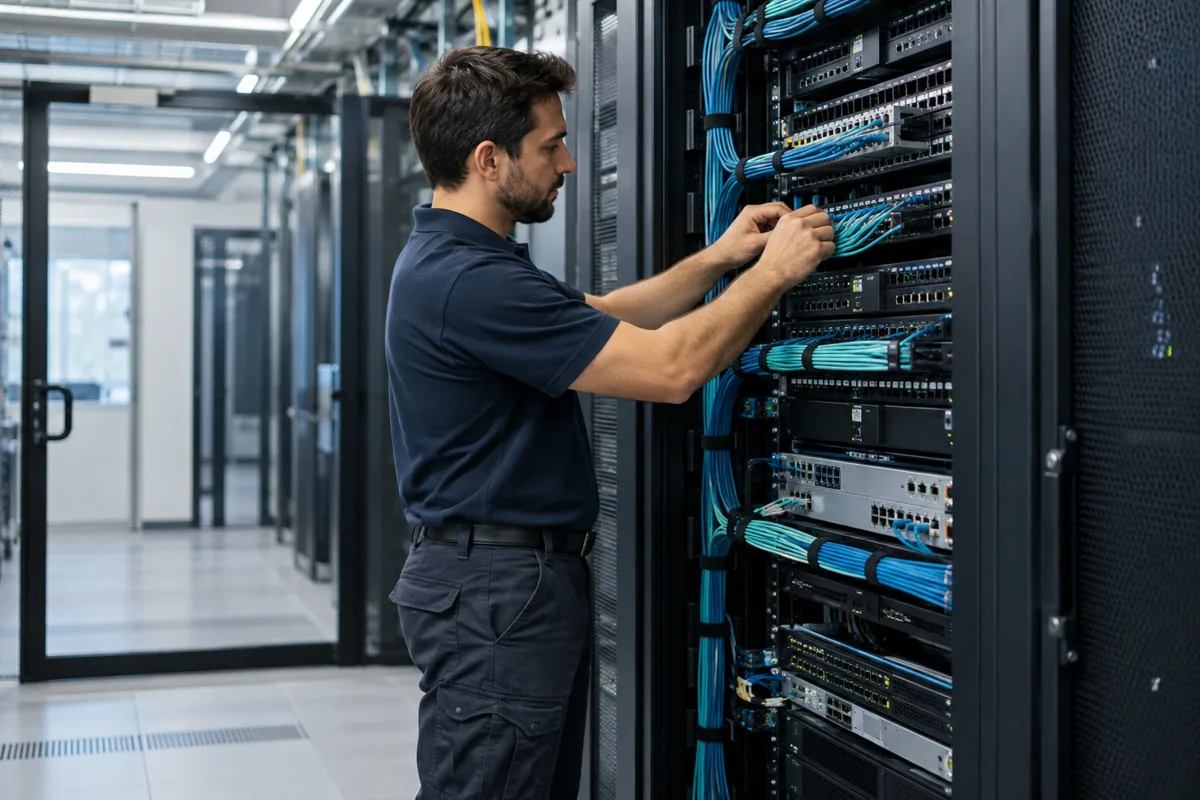 Technician works on a telecom equipment rack